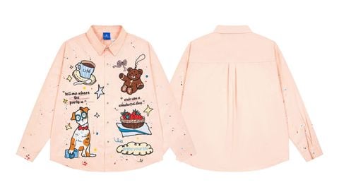 WES®️| ÁO SƠ MI DÀI TAY THÊU HỌA TIẾT HOẠT HÌNH UNISEX YH1138