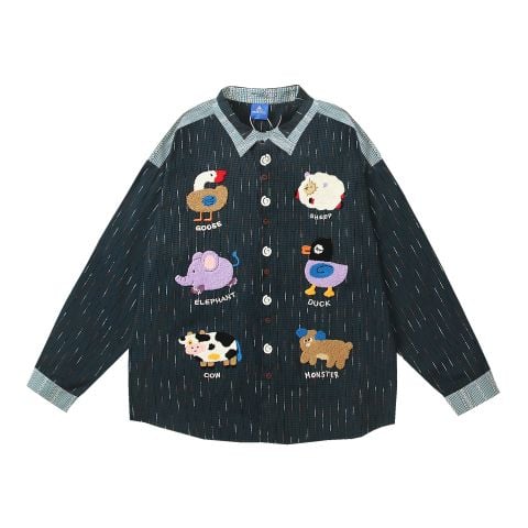 WES®️| ÁO SƠ MI DÀI TAY THÊU HỌA TIẾT HOẠT HÌNH  UNISEX YH552