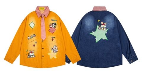 WES®️| ÁO SƠ MI JEAN DÀI TAY THÊU HỌA TIẾT HOẠT HÌNH UNISEX 8061