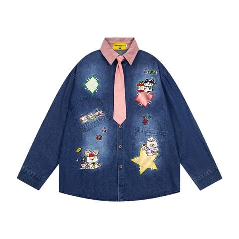 WES®️| ÁO SƠ MI JEAN DÀI TAY THÊU HỌA TIẾT HOẠT HÌNH UNISEX 8061