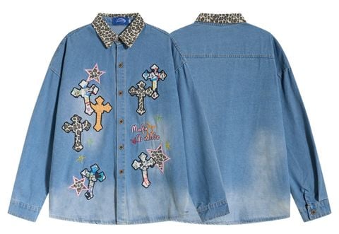 WES®️| ÁO SƠ MI JEAN DÀI TAY THÊU HỌA TIẾT HOẠT HÌNH UNISEX C5888