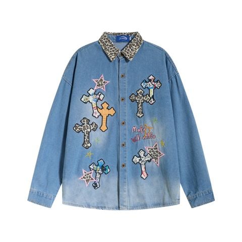 WES®️| ÁO SƠ MI JEAN DÀI TAY THÊU HỌA TIẾT HOẠT HÌNH UNISEX C5888