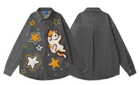 WES®️| ÁO SƠ MI JEAN DÀI TAY THÊU HỌA TIẾT HOẠT HÌNH MÈO LƯỜI UNISEX HY1006