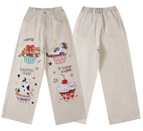 WES®️| QUẦN DENIM NỬA CẠP CHUN WASH THÊU HOẠT HÌNH UNISEX YH1079