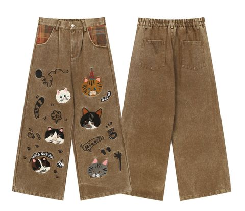WES®️| QUẦN DENIM NỬA CẠP CHUN WASH THÊU HOẠT HÌNH MÈO UNISEX 8161