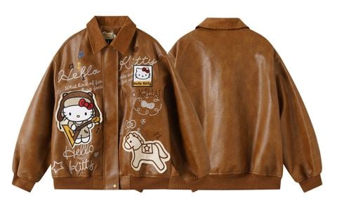 WES®️| ÁO KHOÁC DA PU CAO CẤP THÊU HỌA TIẾT HOẠT HÌNH HELLO KITTY UNISEX 5298