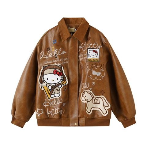 WES®️| ÁO KHOÁC DA PU CAO CẤP THÊU HỌA TIẾT HOẠT HÌNH HELLO KITTY UNISEX 5298