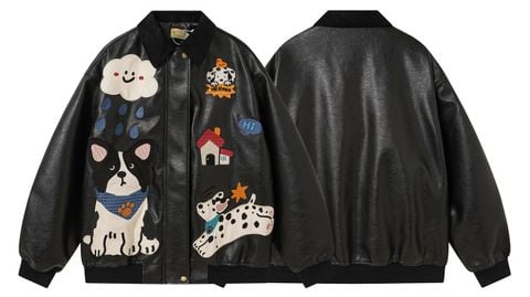 WES®️| ÁO KHOÁC DA PU CAO CẤP THÊU HỌA TIẾT HOẠT HÌNH  UNISEX 5299