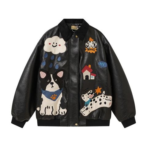 WES®️| ÁO KHOÁC DA PU CAO CẤP THÊU HỌA TIẾT HOẠT HÌNH  UNISEX 5299