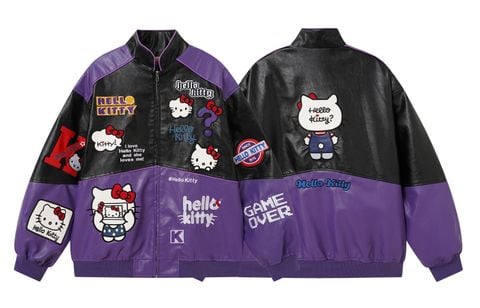 WES®️| ÁO KHOÁC DA PU CAO CẤP THÊU HỌA TIẾT HOẠT HÌNH HELLO KITTY UNISEX 5286
