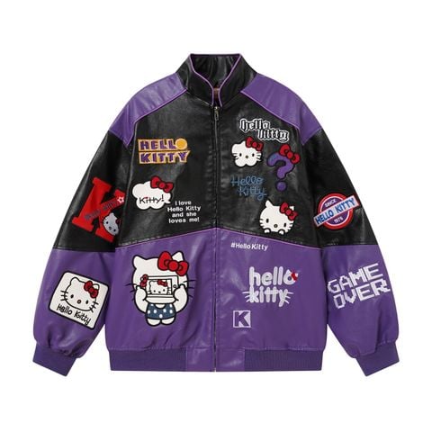 WES®️| ÁO KHOÁC DA PU CAO CẤP THÊU HỌA TIẾT HOẠT HÌNH HELLO KITTY UNISEX 5286