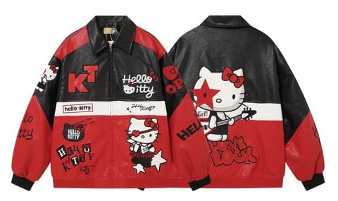 WES®️| ÁO KHOÁC DA PU CAO CẤP THÊU HỌA TIẾT HOẠT HÌNH HELLO KITTY UNISEX 5295