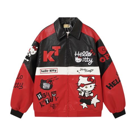 WES®️| ÁO KHOÁC DA PU CAO CẤP THÊU HỌA TIẾT HOẠT HÌNH HELLO KITTY UNISEX 5295