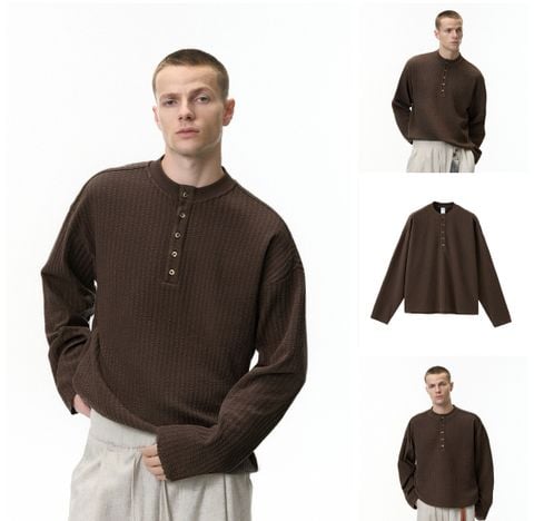 INF®️| ÁO THUN DÀI TAY CỔ HENRY TRƠN MÀU COTTON UNISEX INF 5418