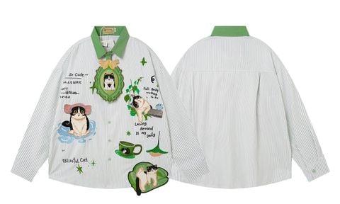 WES®️| ÁO SƠ MI DÀI TAY THÊU HỌA TIẾT HOẠT HÌNH UNISEX 5285
