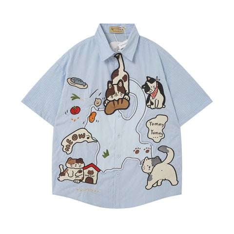 WES®️| ÁO SƠ MI NGẮN TAY THÊU HỌA TIẾT HOẠT HÌNH UNISEX 5266