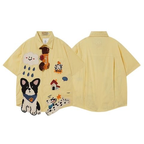 WES®️| ÁO SƠ MI NGẮN TAY THÊU HỌA TIẾT HOẠT HÌNH UNISEX 5273