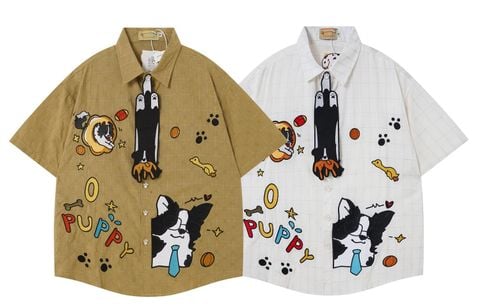 WES®️| ÁO SƠ MI NGẮN TAY THÊU HỌA TIẾT HOẠT HÌNH UNISEX 5248