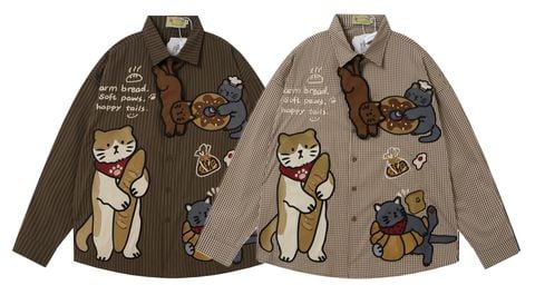 WES®️| ÁO SƠ MI DÀI TAY THÊU HỌA TIẾT HOẠT HÌNH UNISEX 5294