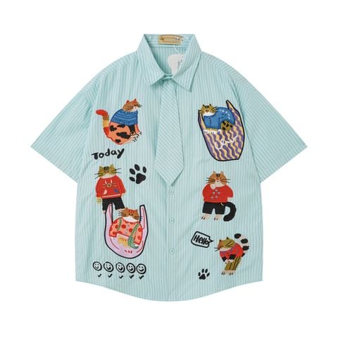 WES®️| ÁO SƠ MI NGẮN TAY THÊU HỌA TIẾT HOẠT HÌNH UNISEX 5265