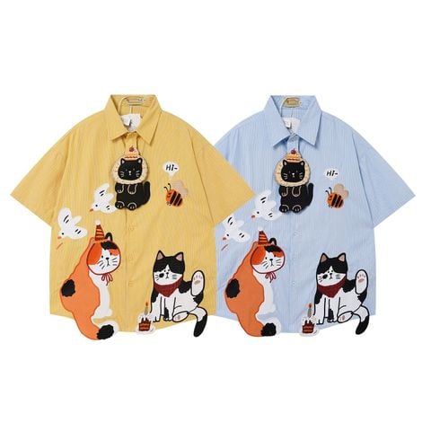 WES®️| ÁO SƠ MI NGẮN TAY THÊU HỌA TIẾT HOẠT HÌNH UNISEX T2NG04