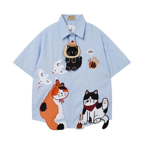 WES®️| ÁO SƠ MI NGẮN TAY THÊU HỌA TIẾT HOẠT HÌNH UNISEX T2NG04
