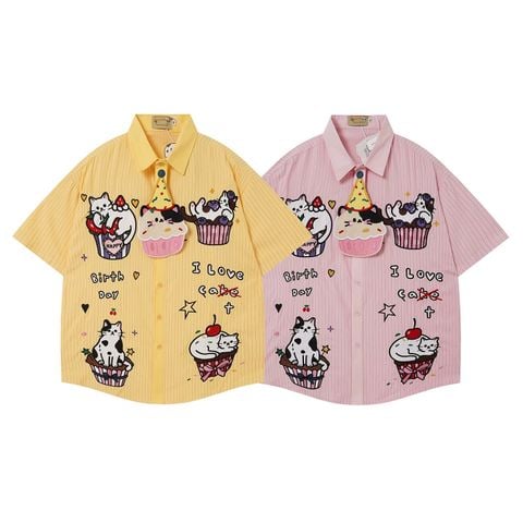 WES®️| ÁO SƠ MI NGẮN TAY THÊU HỌA TIẾT HOẠT HÌNH UNISEX 5272