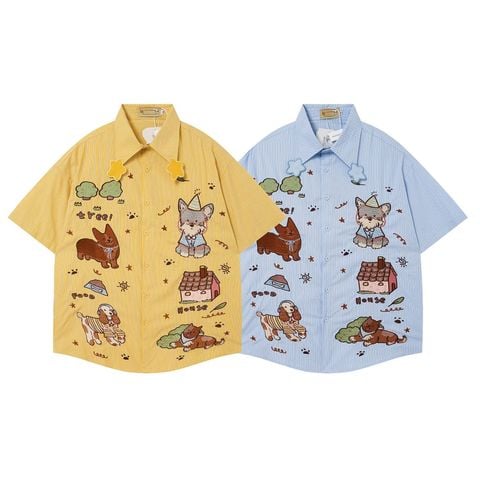 WES®️| ÁO SƠ MI NGẮN TAY THÊU HỌA TIẾT HOẠT HÌNH UNISEX 5271