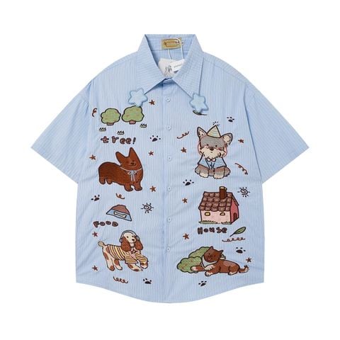 WES®️| ÁO SƠ MI NGẮN TAY THÊU HỌA TIẾT HOẠT HÌNH UNISEX 5271