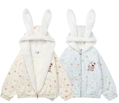 WES®️| ÁO KHOÁC COTTON THÊU HOA VỠ TAI THỎ MŨ TRÙM ĐẦU RỘNG RÃI UNISEX 5934