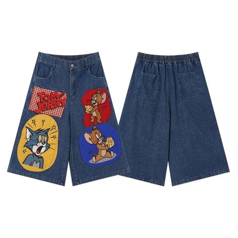 WES®️| QUẦN SHORT DENIM THÊU HOẠT HÌNH TOM & JERRY DÁNG RỘNG UNISEX 5300