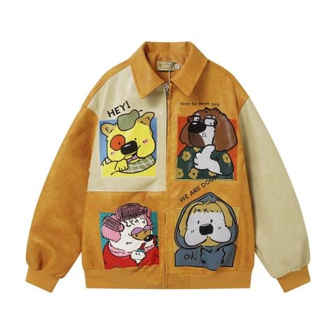 WES®️| ÁO KHOÁC DA PU CAO CẤP THÊU HỌA TIẾT HOẠT HÌNH UNISEX 5302