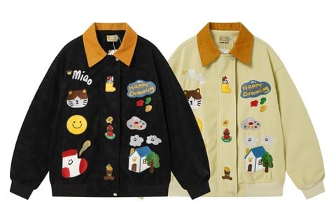 WES®️| ÁO KHOÁC DA PU CAO CẤP THÊU HỌA TIẾT HOẠT HÌNH UNISEX 5303