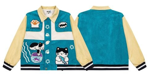 WES®️| ÁO KHOÁC DA PU THÊU HỌA TIẾT HOẠT HÌNH MÈO  UNISEX W818