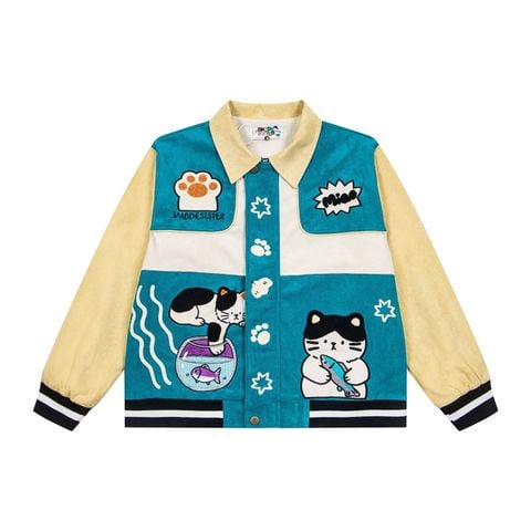WES®️| ÁO KHOÁC DA PU THÊU HỌA TIẾT HOẠT HÌNH MÈO  UNISEX W818
