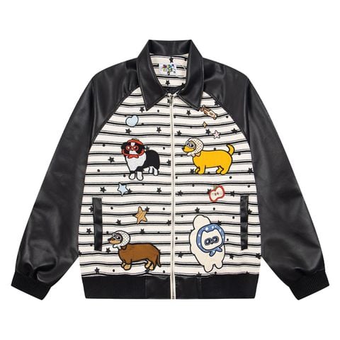 WES®️| ÁO KHOÁC DA PU THÊU HỌA TIẾT HOẠT HÌNH TOM & JERRY UNISEX W816