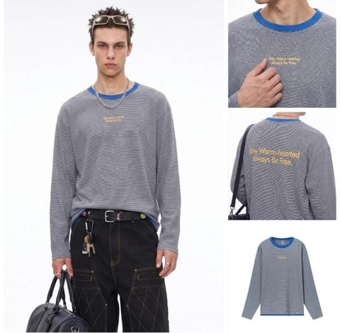 INF®️| ÁO THUN DÀI TAY COTTON SỌC IN CHỮ UNISEX INF 3542