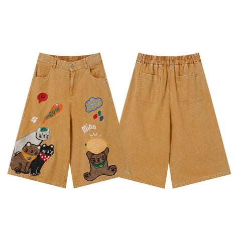 WES®️| QUẦN SHORT LỬNG DENIM THÊU HOẠT HÌNH MÈO DÁNG RỘNG UNISEX 6229