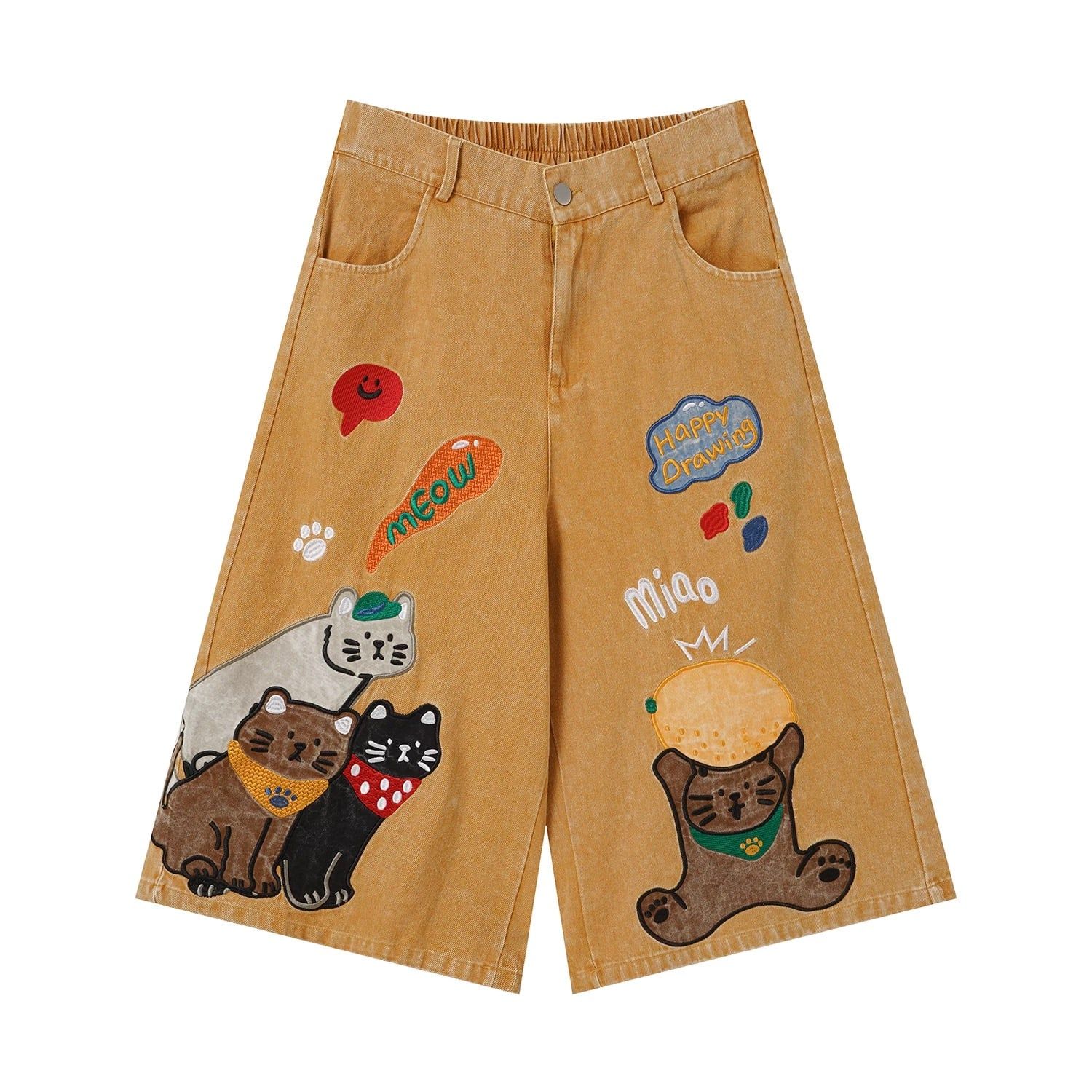 WES®️| QUẦN SHORT LỬNG DENIM THÊU HOẠT HÌNH MÈO DÁNG RỘNG UNISEX 6229
