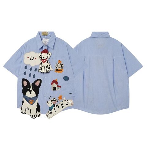 WES®️| ÁO SƠ MI NGẮN TAY THÊU HỌA TIẾT HOẠT HÌNH UNISEX T2NG09