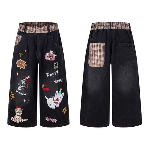 WES®️| QUẦN SHORT THÊU HOẠT HÌNH DÁNG RỘNG ỐNG ĐỨNG DÁNG LỬNG UNISEX K1023