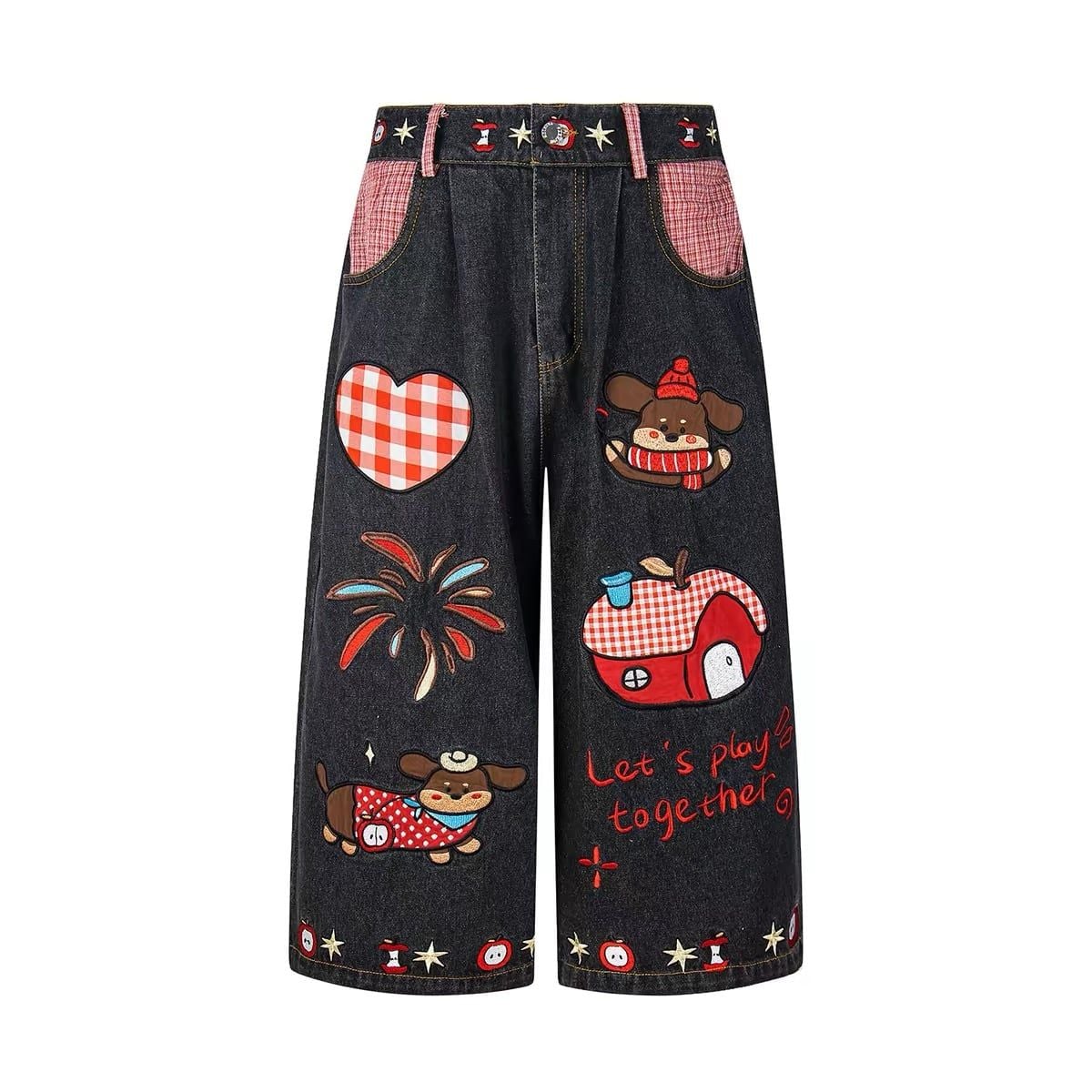 WES®️| QUẦN SHORT DENIM THÊU HOẠT HÌNH CHÚ CHÓ DÁNG RỘNG ỐNG DÁNG SUÔNG UNISEX K105