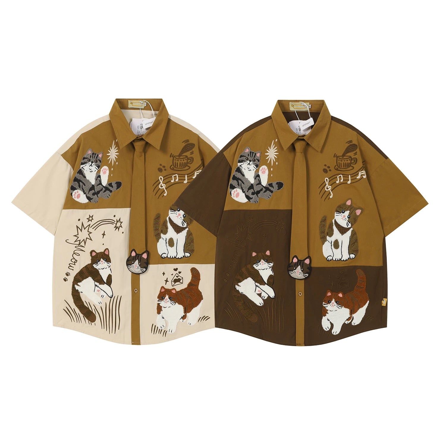 WES®️| ÁO SƠ MI NGẮN TAY THÊU HỌA TIẾT HOẠT HÌNH MÈO LƯỜI UNISEX 5223