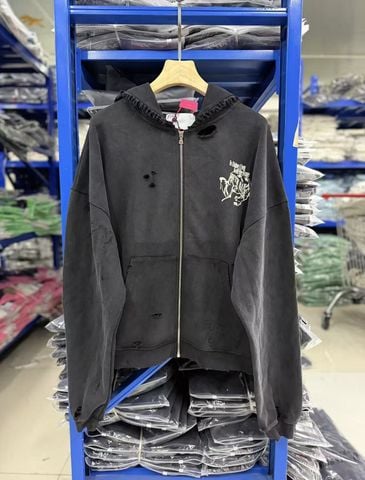 FK®️| ÁO KHOÁC DÁNG RỘNG HOODIE COTTON WASH IN HÌNH LÀM RÁCH ĐÍNH ĐÁ CƯỜM  UNISEX PH3486