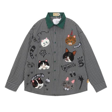 WES®️| ÁO SƠ MI DÀI TAY THÊU HỌA TIẾT HOẠT HÌNH UNISEX 5175