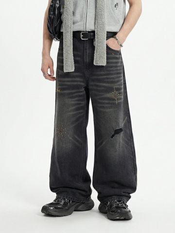 INF®️|QUẦN JEANS NAM MÀU ĐEN RÁCH MÀI HẠT ĐỤC LỖ BIG SIZE INF 12976