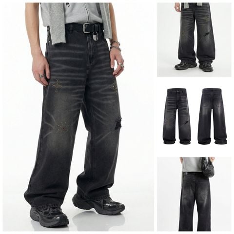 INF®️|QUẦN JEANS NAM MÀU ĐEN RÁCH MÀI HẠT ĐỤC LỖ BIG SIZE INF 12976