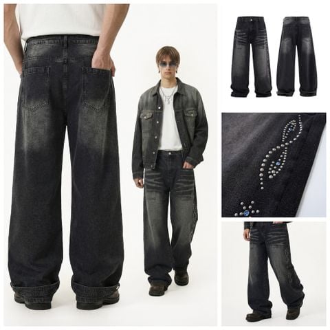 INF®️|QUẦN JEANS NAM MÀU ĐEN THAN CHÌ HỌA TIẾT RÂU MÈO, TÚI ĐÍNH ĐÁ BIG SIZE INF 12981