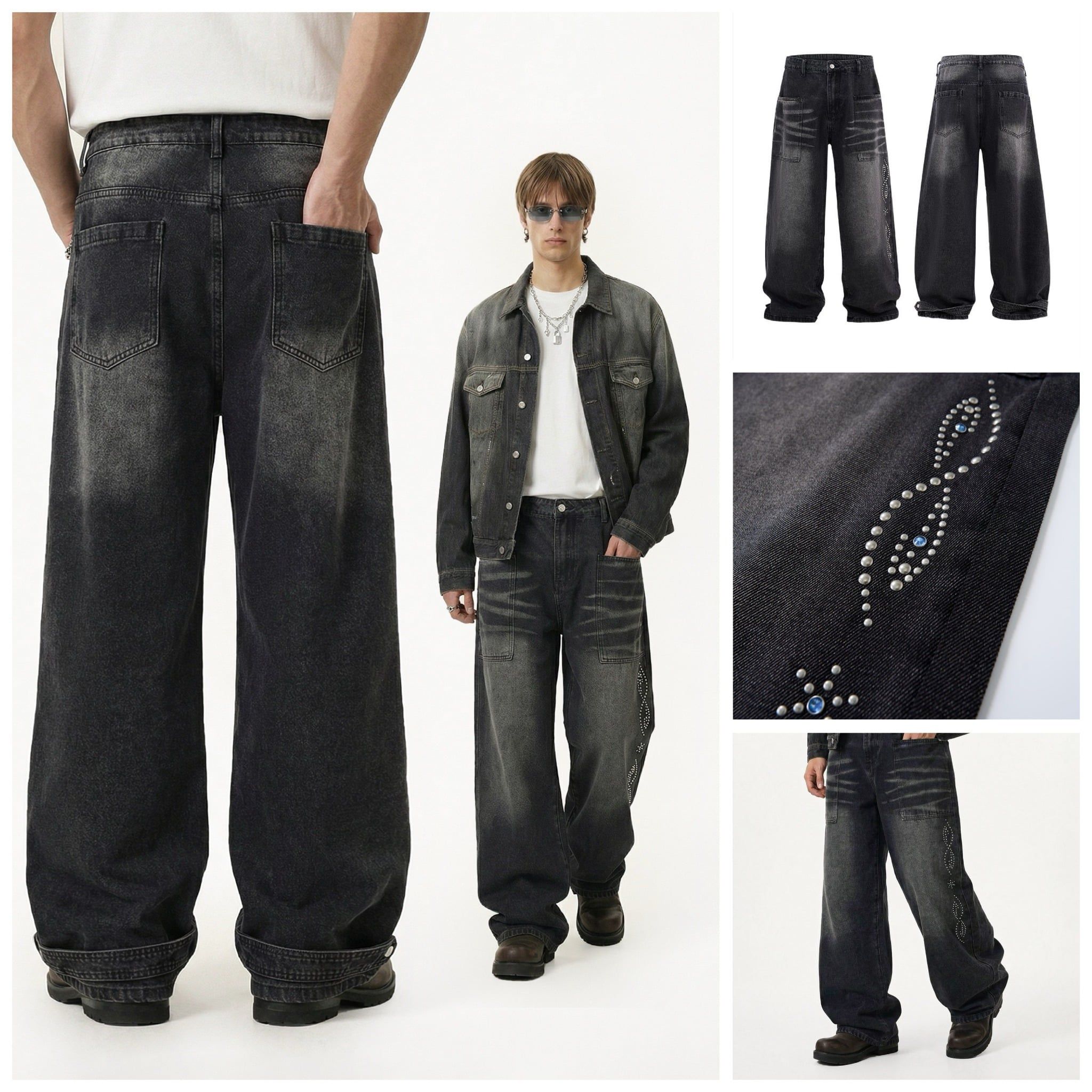 INF®️|QUẦN JEANS NAM MÀU ĐEN THAN CHÌ HỌA TIẾT RÂU MÈO, TÚI ĐÍNH ĐÁ BIG SIZE INF 12981