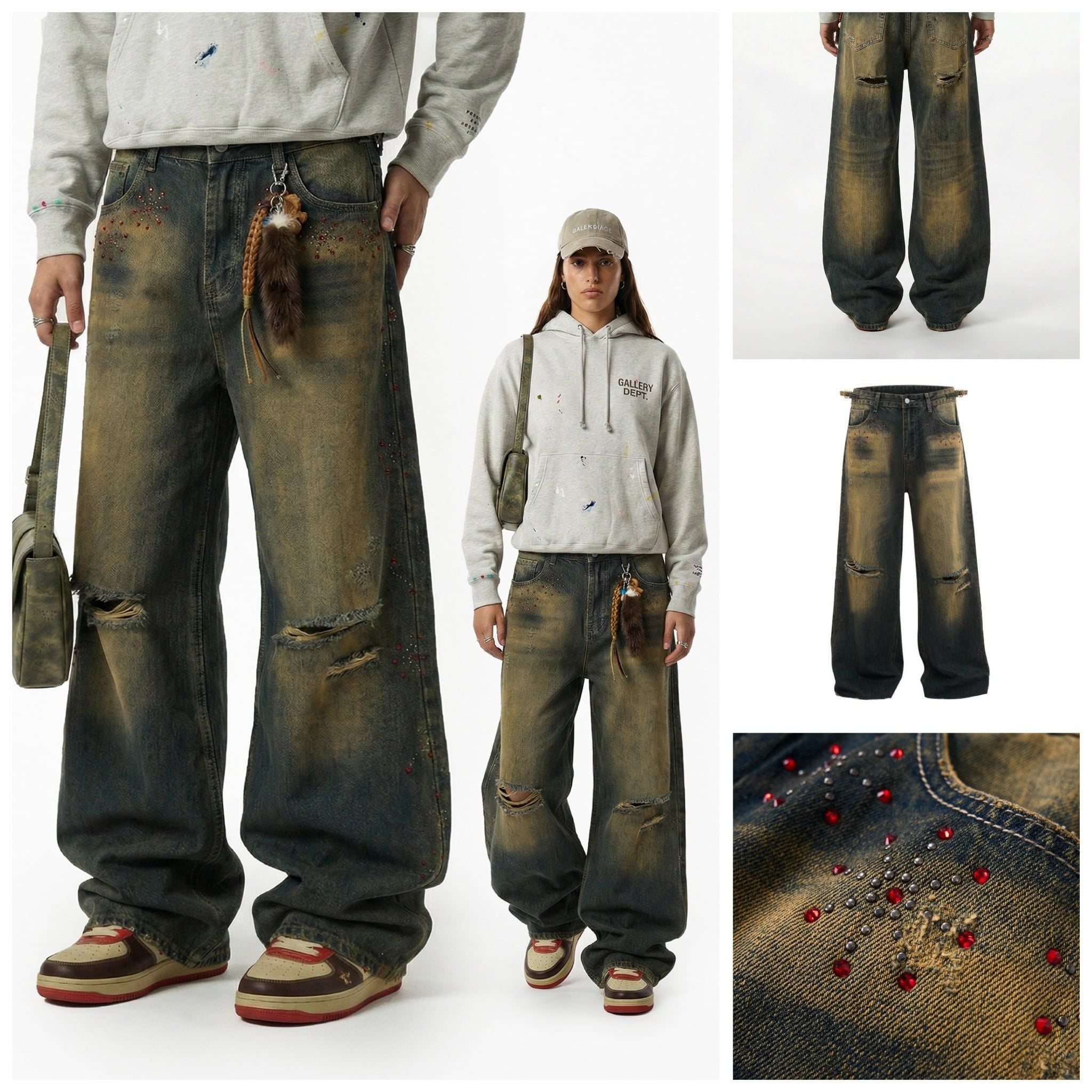 INF®️|QUẦN JEANS WASH RÁCH PHONG CÁCH HỌA TIẾT ĐÍNH ĐÁ ĐỎ INF 12983